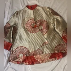 IC By Connie K Asymmetric Asian Inspired Metallic Swing Coat Gold Red Jacket XL